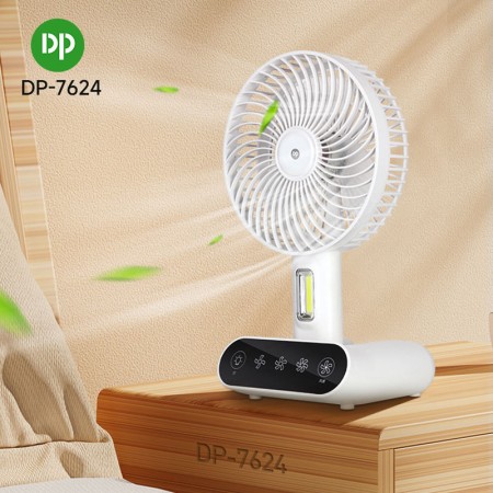 DP 7624 Rechargeable TableTouch Fan Product Details Model No.: DP-7624Battery Voltage: 4VInput: 5V 1A Battery Capacity: 3000mAhUsing Time: 1.5/3/6 Hours (Strong Wind/Middle Wind/Weak Wind)Effective Wind Speed: 4.2M/SWorking Mode: USB port charging or buil